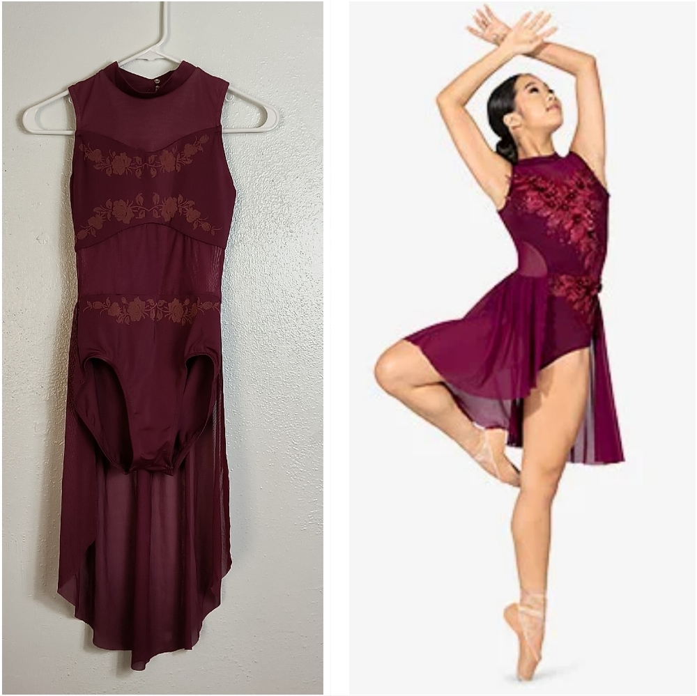 Balera Waterfall Hi Low Dance Dress Size XSA Burgundy Ballet Performance